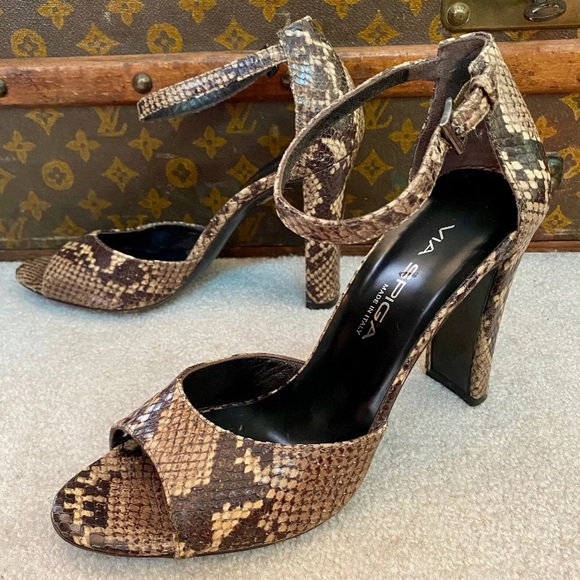 VINTAGE 90s VIA SPIGA SNAKESKIN PYTHON LEATHER HIGH HEELS PUMPS ANKLE STRAP 7.5M - Picture 4 of 9